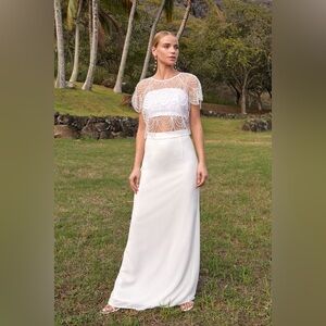 Everlasting Poise White Sheer Pearl Beaded Two-Piece Maxi Dress